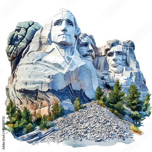 Mount Rushmore, watercolor painting vector, isolated on a white background.