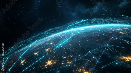 A global digital network spanning the entire planet, with luminous blue streams of light representing connections and the flow of information	