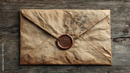 A vintage envelope with a wax seal sits gracefully on a weathered wooden table inviting curiosity.
