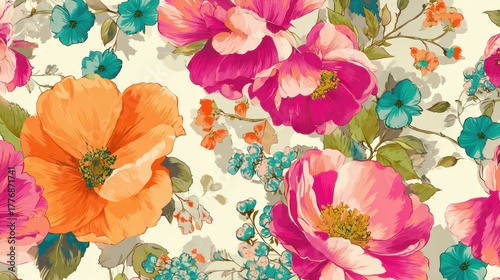 Wallpaper Mural Colorful flowers in shades of pink orange and blue create a lively cheerful composition. Torontodigital.ca
