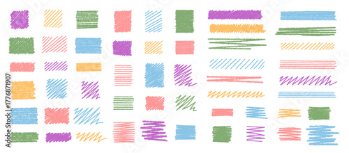 Pastel highlight stroke and crayon sketch underline set. Scribble rectangle element with chalk style in multicolor graphic. Hand drawn look, clean background, creative accent for modern template