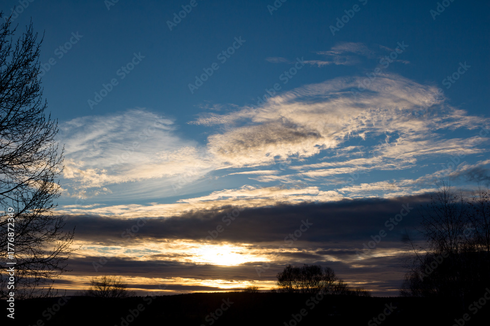 Fototapeta premium Stunning sunset paints the sky with fiery hues and dramatic cloud layers. Bare tree branches frame this gorgeous evening spectacle. A serene autumn skyscape