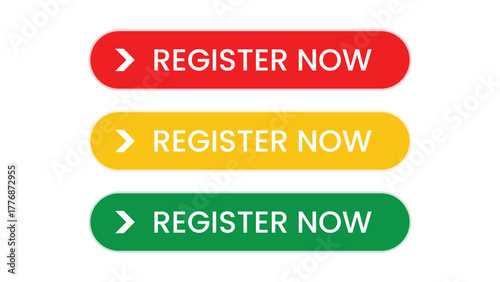 Colorful register now button vector design set with red yellow green styles modern web interface layout for digital marketing app website banner template and call to action concept
