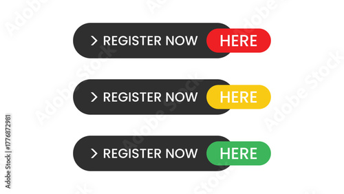 Modern register now button vector design set with colorful call to action web elements red yellow green styles for website banner app interface and digital marketing template