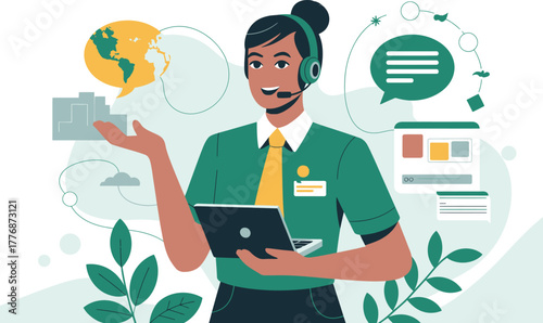 Friendly customer service representative with headset holding tablet and gesturing towards speech bubbles vector illustration for global support