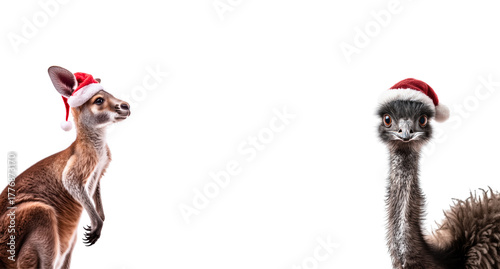 waist-up pair of australian animals: font view of cute ostrich (emu) bird and profile of adorable kangaroo; both are wearing red christmas hats, isolated over white (transparent) background