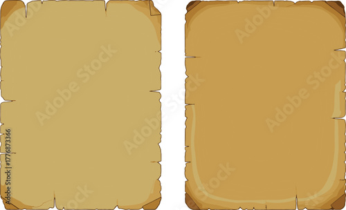 Set of two vintage parchment sheets, blank aged paper backgrounds for creating an ancient manuscript or treasure map design