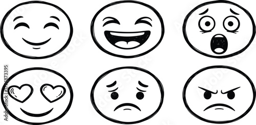 A set of hand-drawn cartoon emoticon doodles expressing a range of human emotions. Black and white vector illustration of isolated smiley face icons for communication