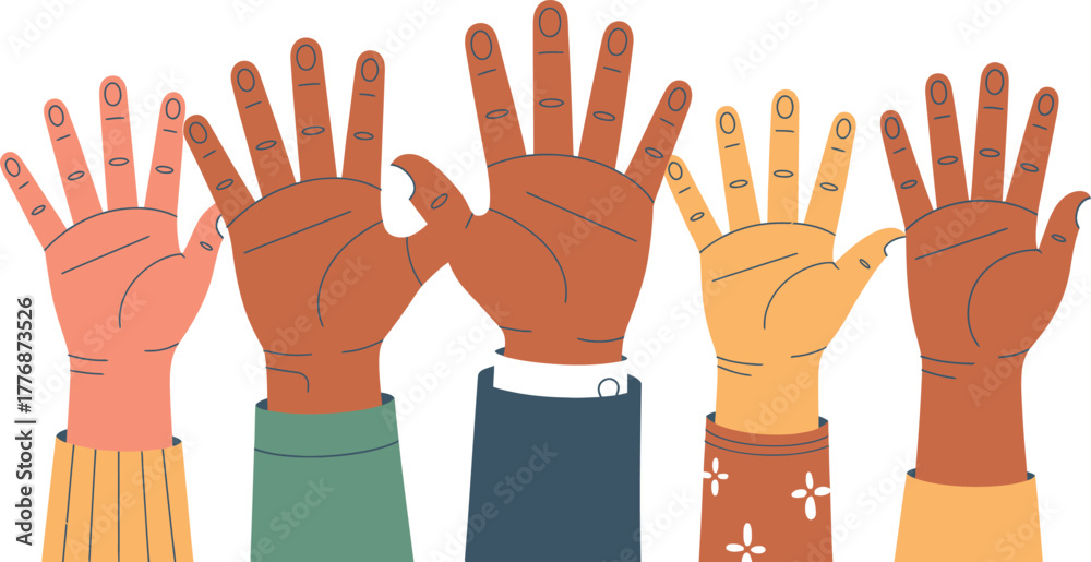Fototapeta premium Diverse hands raised in unity a vector illustration of teamwork and collaboration isolated on white background