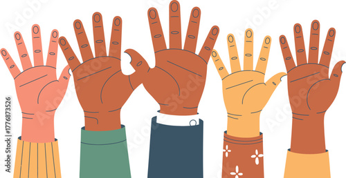 Diverse hands raised in unity a vector illustration of teamwork and collaboration isolated on white background