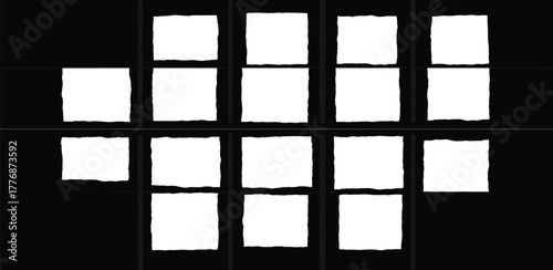 Conceptual layout of distressed white rectangular placeholders, forming an abstract grid pattern against a deep black background, suggesting fragmented information or memory