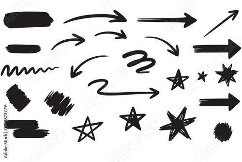 set of different arrows Hand Drawn Arrows and Stars Collection – Doodle Sketch Vector Elements on White Background