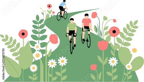 Cyclists Enjoying a Scenic Bike Ride Through a Meadow of Flowers and Greenery in Summer