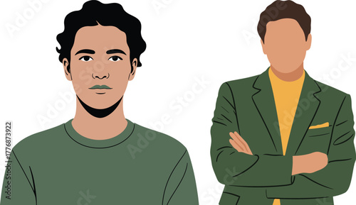 Two men one with a visible face and the other faceless vector illustration for business or social commentary