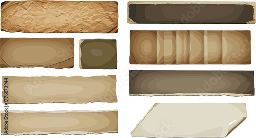 A collection of isolated brown torn paper scraps and ripped cardboard pieces. Vector set of various ragged shapes for design elements and backgrounds