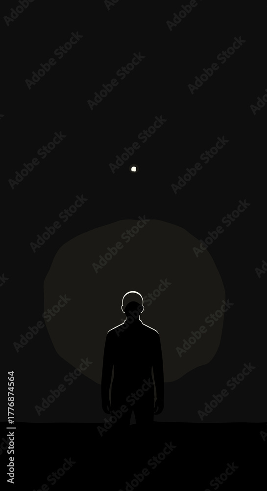 Obraz premium Person sitting in a dark void with a small light sphere floating nearby creating a sense of isolation. Dark void scene includes a silhouette of a person gazing upwards at light sphere above.