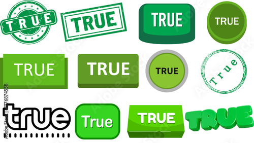 Explore verification graphics with green true stamp icons and validation symbols for authenticity and accuracy