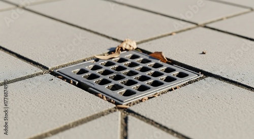 Sewer drain on a tiled ground surface, with autumn leaves around it