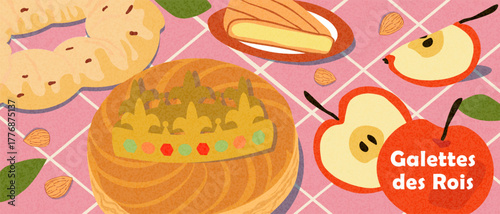 Rustic Galette des Rois background in minimalist style with golden crown, apples, almonds on a checkered pink tablecloth. Horizontal Poster, Epiphany cards, bakery packaging, French pastry branding.