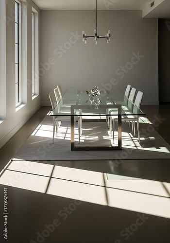 Sun-Drenched Modern Dining Room with Glass Table and Minimalist Design