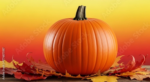 Vibrant orange pumpkin centerpiece with autumnal foliage against a warm gradient backdrop suggesting harvest time