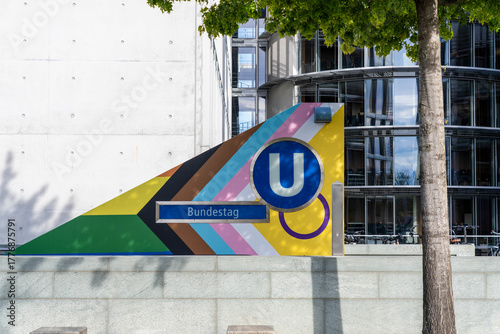 Obraz na plátně A Pride Progress Flag For the Bundestag U Station Sign in Berlin Germany