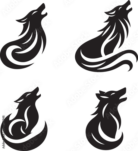 Black vector wolf silhouette logo, howling pose, smooth curves, sleek minimal style, perfect symmetry, white background, crisp edges, HD clarity.