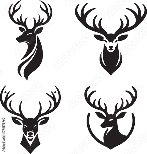 Deer logo black vector, elegant antlers spreading wide, smooth minimal curves, centered composition, simple and classy design.