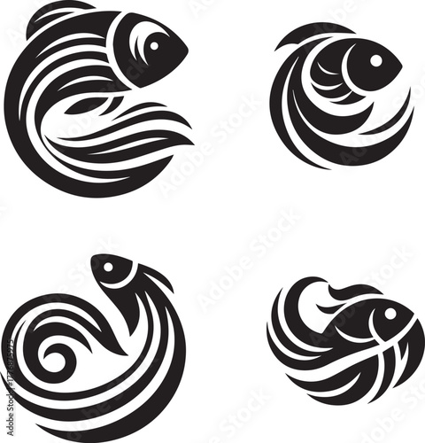 Fish logo black vector, abstract curves, smooth flowy design, minimal aquatic theme, white background, HD vector clarity.