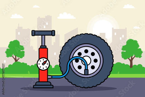 Red pump for inflating car tires. Flat illustration.