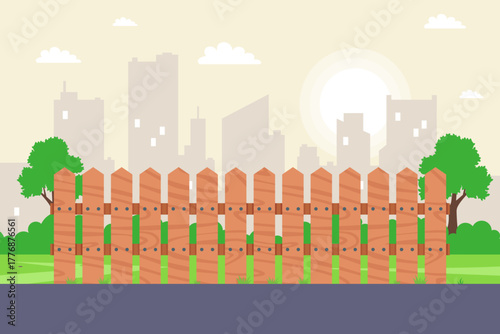 wooden fence in the village. private area fencing. flat vector illustration.