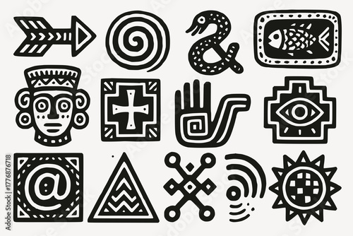 Tribal and abstract symbols in black and white grid