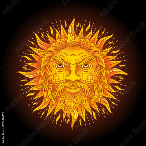 Burning sun face with masculine features in fire tones
