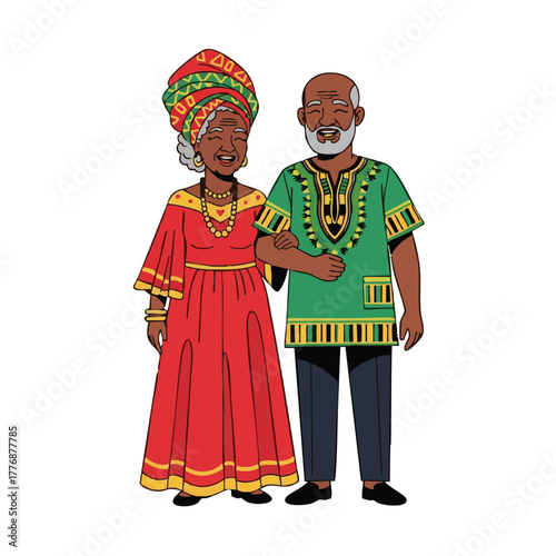 Elderly Black couple smiling and standing together in traditional attire for Kwanzaa  