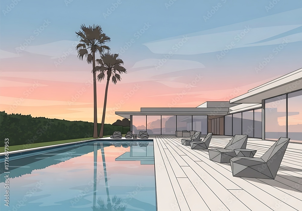 Fototapeta premium Stylish Minimalist Mansion with Infinity Pool at Dreamy Twilight Getaway