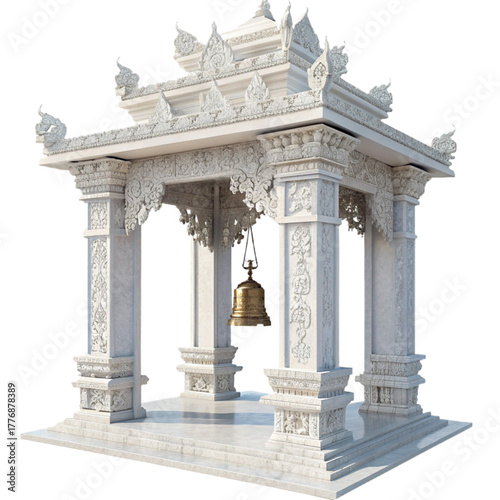 Exquisite white marble temple pavilion with intricate carvings and a golden bell evokes serenity and cultural richness