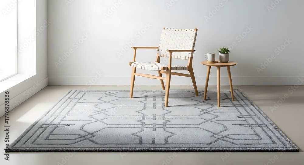 Fototapeta premium Serene living space with a woven chair, table, and geometric rug