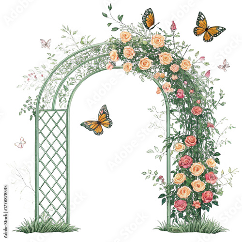 Enchanting garden archway adorned with vibrant roses and delicate butterflies, perfect for romantic invitations and whimsical designs.