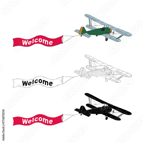 Classic biplane with red welcome banner