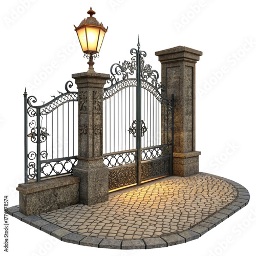 Ornate wrought iron estate gates with glowing gas lamp and stone pillars welcome visitors to an exclusive property