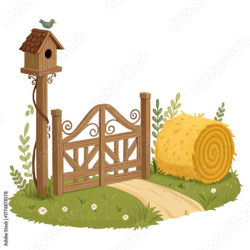Charming countryside scene with a rustic wooden gate, birdhouse, and a golden hay bale invites exploration and peaceful moments