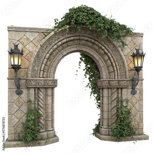 Enchanting ancient stone archway draped in lush green ivy, illuminated by ornate gas lamps, perfect for fantasy realms and mystical journeys.