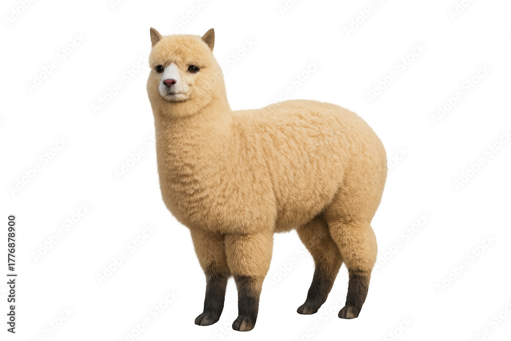 Obraz premium Alpaca standing, looking forward, cute fluffy animal with thick wool fur, camelid creature, livestock pet