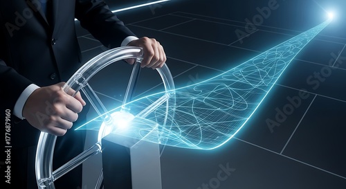 A person in a suit holding a steering wheel, guiding a glowing path forward.