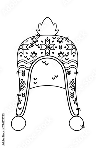 Black-and-white woolen hat with earflaps