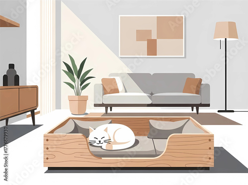 A white cat is sleeping in a stylish, wooden pet bed in a modern living room with a grey sofa, artwork, and a floor lamp.