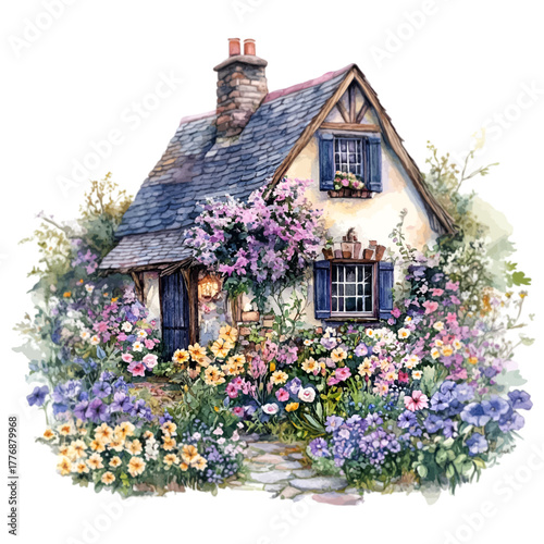 Watercolor Quaint English Cottage House with Lush Flower Garden Vector
