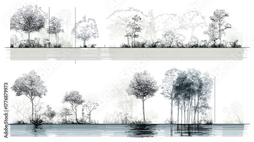 Architectural Drawings, Minimal style cad tree line drawing, Side view, set of section wetland forest outline for landscape design drawing. Vector illustration in seperate element Stock Vector