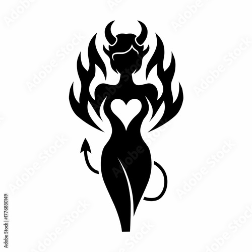 Devil Woman Silhouette with Horns and Heart Shape in Black