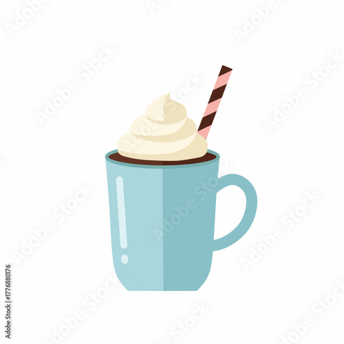 Cozy Hot Chocolate with Whipped Cream and Striped Straw Vector